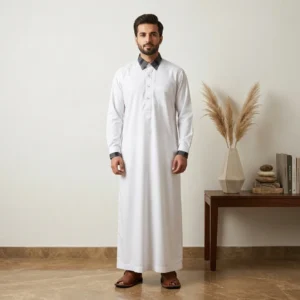 Checked Collar Style Wite Saudi Arabia Thobe For Men CA White Saudi Arabia Thobe For Men