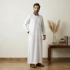 Designer Checked Collar Style White Saudi Arabia Thobe