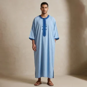 Contrast Embroidered Light Blue Mens Moroccan Thobes Canada Blue Mens Moroccan Thobes Canada