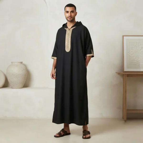 Designer Black Hooded Mens Moroccan Thobes CA Mens Moroccan Thobes CA