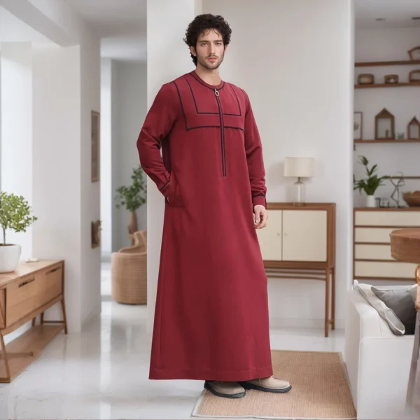 Designer Collarless Black Trim Maroon Thobe For Men’s CA Maroon Thobe For Men’s