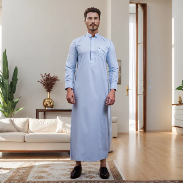 Designer Curved Collar with Pocket Sky Blue Mens Thobe CA Sky Blue Mens Thobe