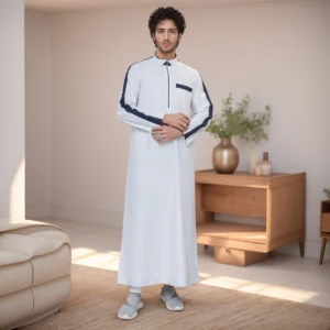Designer Navy Contrast Side Stripes Men's White Thobe CA Men's White Thobe