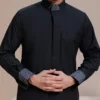 Designer Patterned Collar and Cuff Trim Jet Black Men's Thobes CA Designer Patterned Collar and Cuff Trim Jet Black Men's Thobe