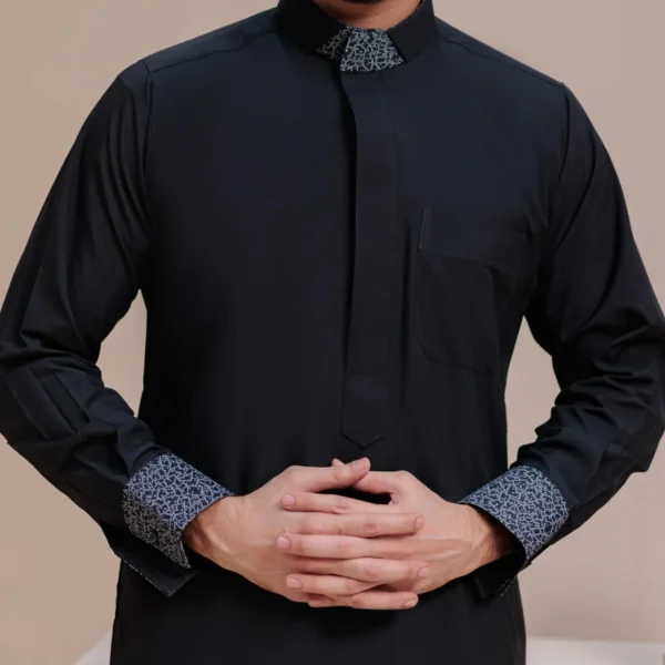 Designer Patterned Collar and Cuff Trim Jet Black Men's Thobes CA Designer Patterned Collar and Cuff Trim Jet Black Men's Thobe