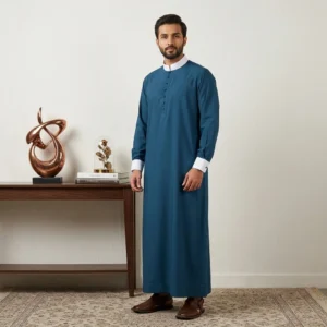 Designer Peacock Blue with White Collar Cuffs Men's Thobe CA Blue with White Collar Cuffs Men's Thobe
