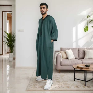 Embroidered Dark Forest Green Islamic Thobe For Men CA Green Islamic Thobe For Men