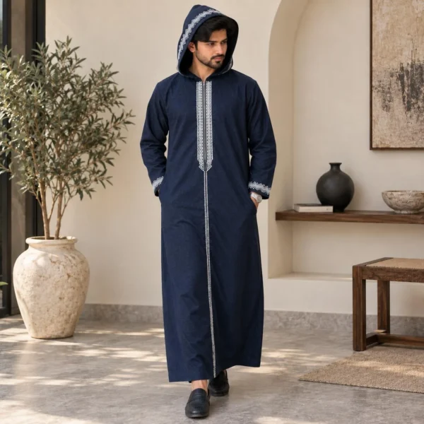 Embroidered Denim Blue Woolen Djellaba For Men