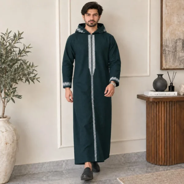 Embroidered Emerald Green Hooded Djellaba for Winter CA Embroidered Emerald Green Hooded Djellaba for Winters