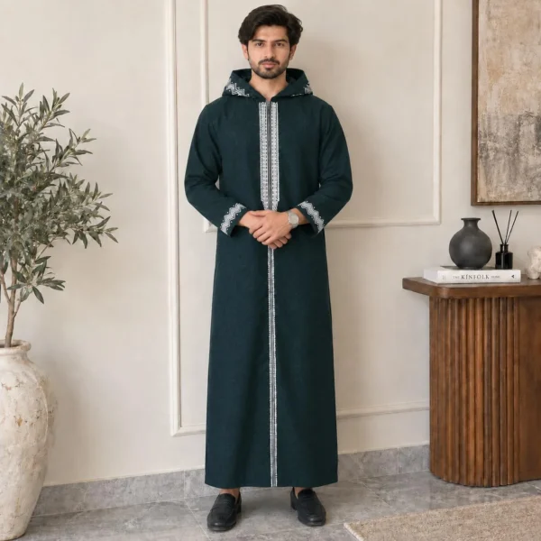 Embroidered Emerald Green Hooded Djellaba for Winters CA Hooded Djellaba for Winters