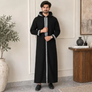 Embroidered Men’s Black Woolen Hooded Djellaba CA Black Woolen Hooded Djellaba