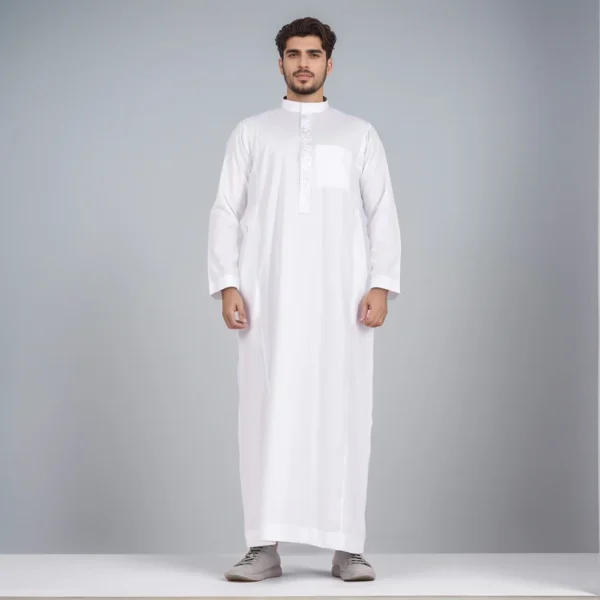 Embroidered Men's Pure White Saudi Style Thobe CA Men's Pure White Saudi Style Thobe