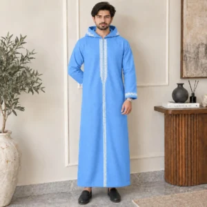 Embroidered Men’s Sky Blue Wool Hooded Djellaba CA Blue Wool Hooded Djellaba