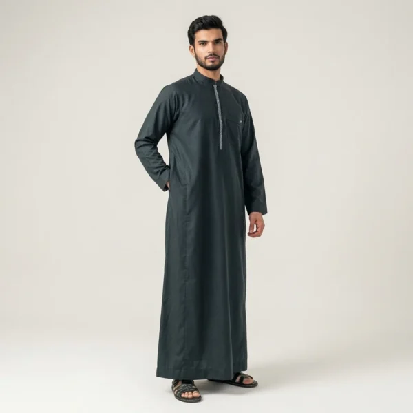 Embroidered Placket Dark Slate Green Saudi Style Thobe CA Dark Slate Green Saudi Style Thobe