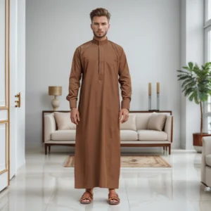 Embroidered Saudi Warm Camel Brown Mens Cotton Thobe CA Mens Cotton Thobe CA