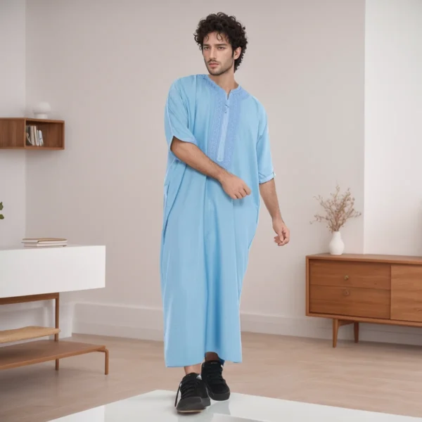 Embroidered Sky Blue Mens Moroccan Thobes CA Blue Mens Moroccan Thobes CA
