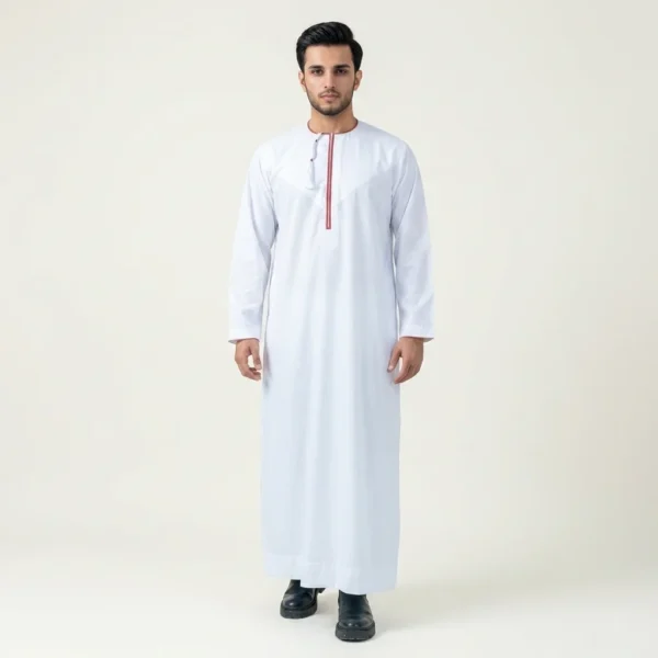 Embroidered White and Red Emirati Thobe For Men CA Embroidered White and Red Emirati Thobe For Men