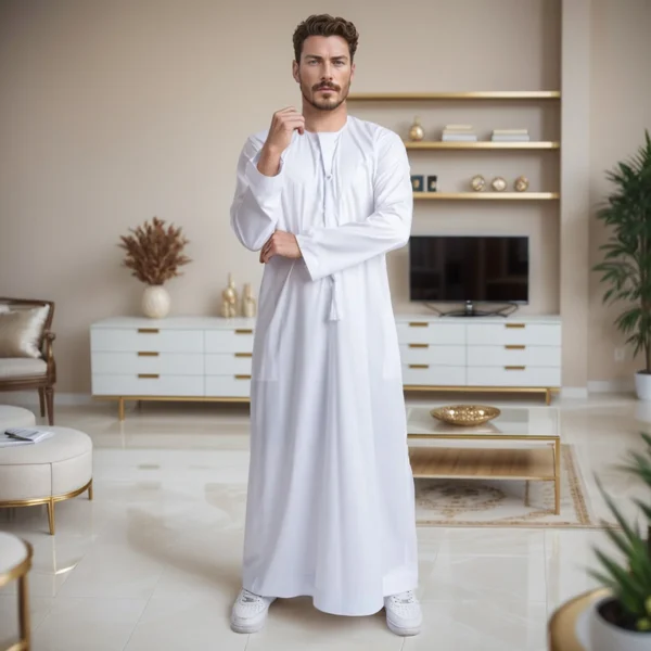 Emirate Style Pure White Men’s Silk Thobe Canada White Men’s Silk Thobe Canada