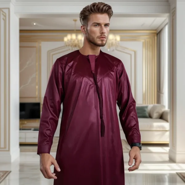 Emirati Style Dark Maroon Silk Thobe For Men CA Maroon Silk Thobe For Men CA