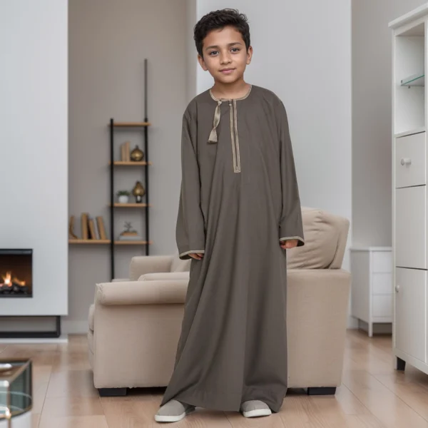 Emirati Style Kids Dark Sage Grey Thobe For Boys CA Kids Dark Sage Grey Thobe