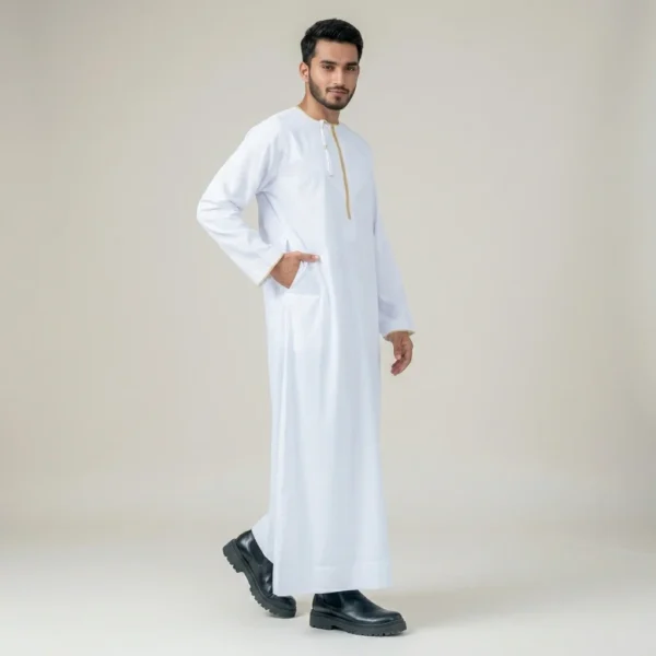 Emirati White and Gold Contrast Tassel Thobe For Mens CA