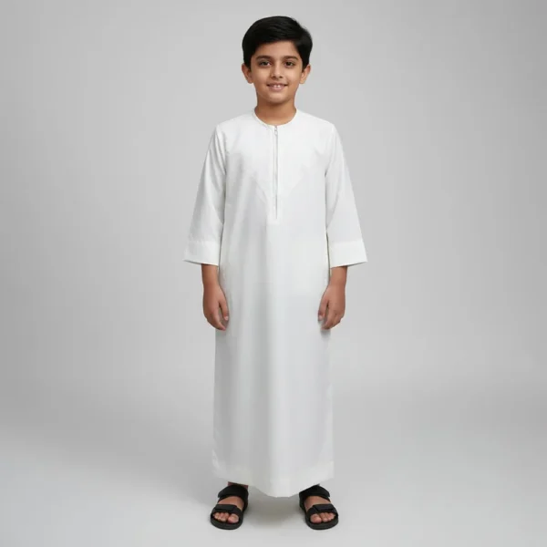 Kids Classic White Zipper Thobe For Boys