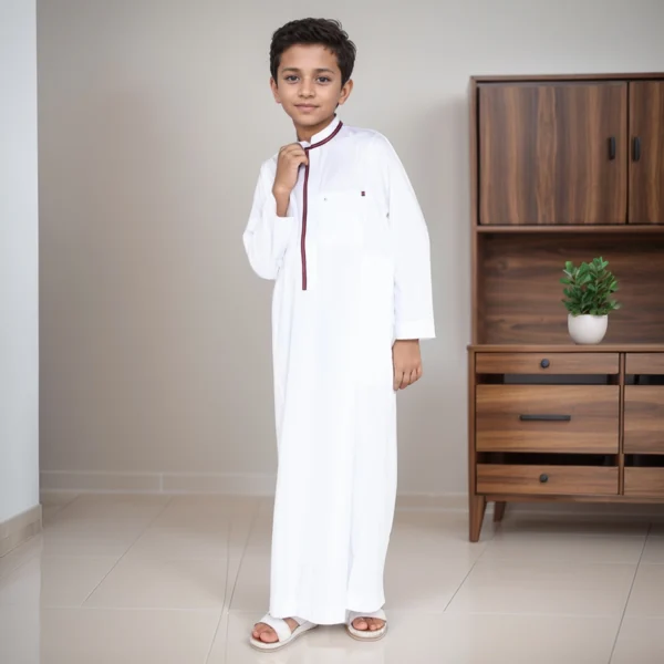 Kids Formal White Striped Piping Thobe for Boys CA Kids Formal White Striped Piping Thobe for Boys