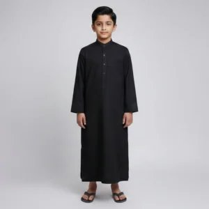 Kids Front Pocket Jet Black Saudi Style Thobe CA Kids Front Pocket Jet Black Saudi Style Thobe