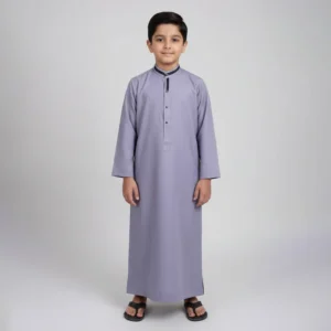 Kids Lavender Grey Saudi Thobe with Contrast Collar Trim CA Kids Lavender Grey Saudi Thobe
