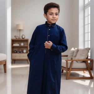 Kids Navy Blue Thobe with Gold Contrast Collar Piping CA Kids Navy Blue Thobe
