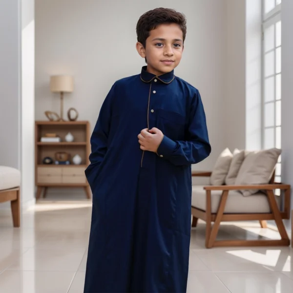 Kids Navy Blue Thobe with Gold Contrast Collar Piping CA Kids Navy Blue Thobe