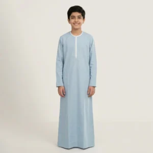 Kids Sky Blue Zipper Thobe with White Piping Trim For Boys CA Kids Sky Blue Zipper Thobe
