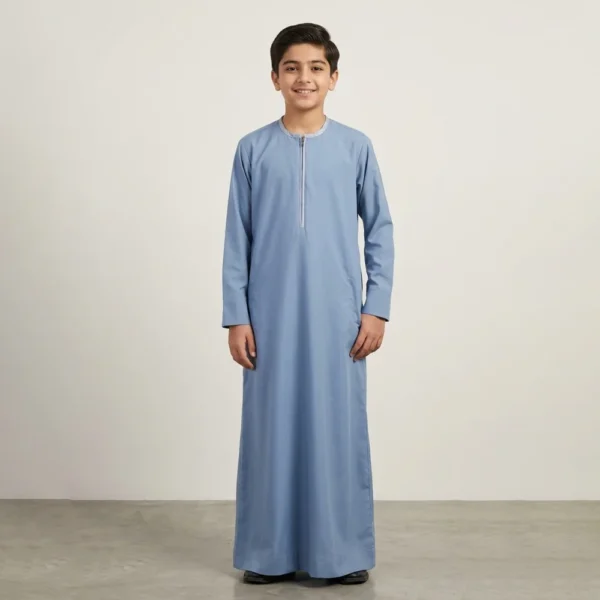 Kids Steel Blue with Grey Piping Trim Zipper Thobe