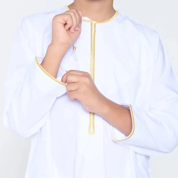 Kids White Omani Style Thobe with Gold Trim