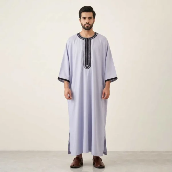 Lavender Grey with Black Embroidery Moroccan Thobes Men CA Moroccan Thobes Men CA