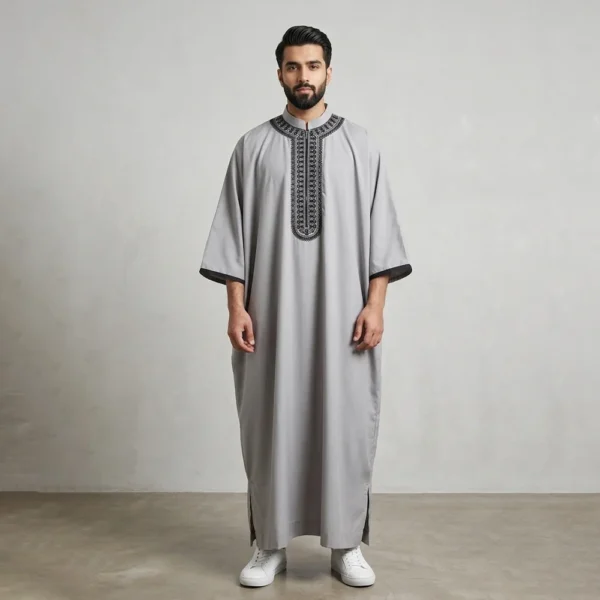 Light Grey with Black Embroidery Mens Moroccan Thobes Canada Embroidery Mens Moroccan Thobes Canada