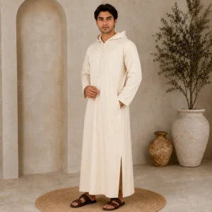 Luxury Off-White Moroccan Hooded Djellaba For Men CA Hooded Djellaba For Men