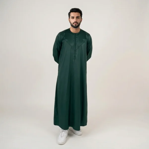 Men's Forest Green Omani Thobe with V Stitch Yoke CA Men's Forest Green Omani Thobe