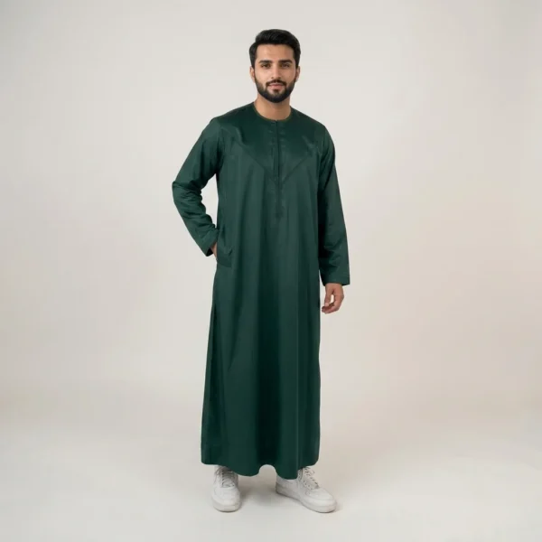 Men's Forest Green Omani Thobe with V Stitch Yokes CA Men's Forest Green Omani Thobe with V Stitch Yoke