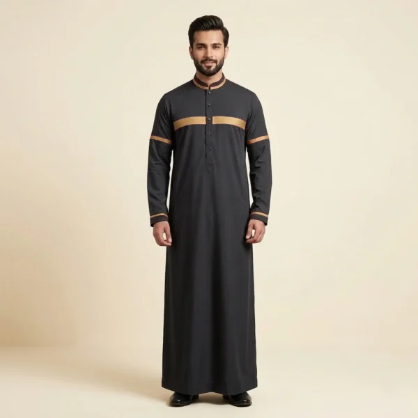 Men's Gold Stripe Full Sleeve Black Saudi Thobe Canada Black Saudi Thobe