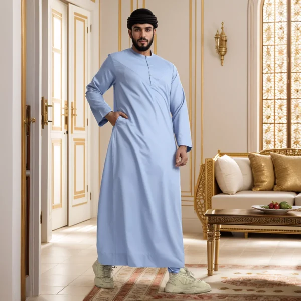 Men’s Light Blue Omani Thobe with V-Stitch CA Light Blue Omani Thobe