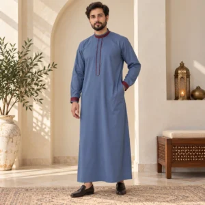 Men’s Maroon Contrast Collar Steel Blue Saudi Thobe CA Steel Blue Saudi Thobe