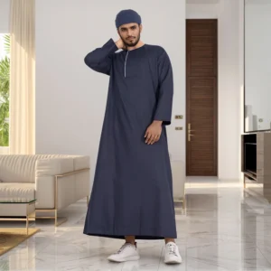 Men’s Omani Style Navy Blue with Piping Detail Thobe CA Navy Blue with Piping Detail Thobe