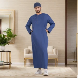 Men’s Omani Style Royal Blue with Gold Piping Detail Thobe CA Blue with Gold Piping Detail Thobe