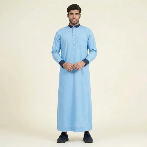 Modern Contrast Collar Ice Blue Mens Thobe Canada Ice Blue Mens Thobe Canada