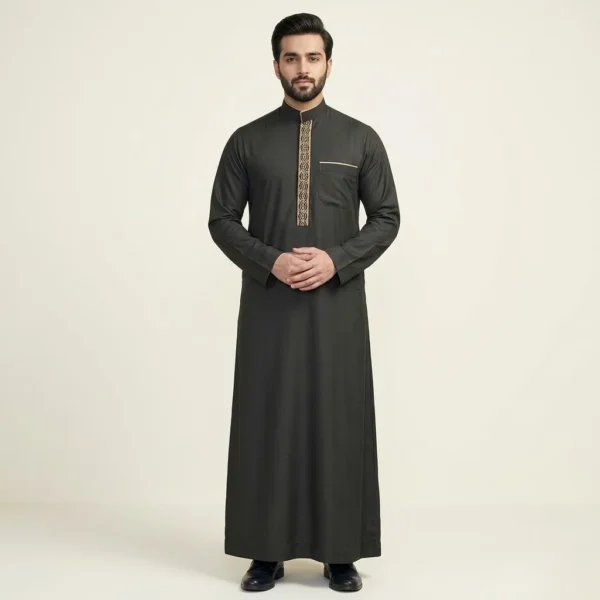 Modern Embroidered Black and Gold Saudi Thobe Canada