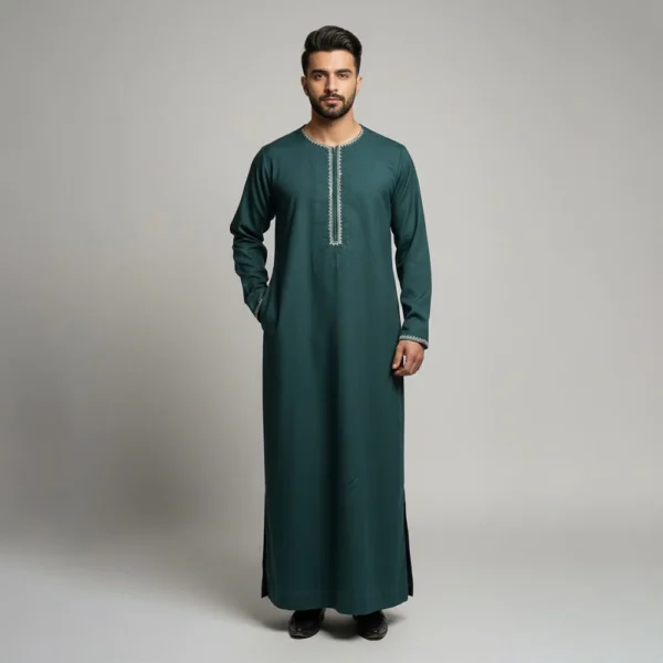 Embroidered Dark Teal with White Trim Thobe