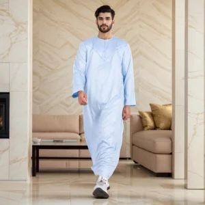 Omani Men's Ice Blue Thobe with V Stitch Yoke Canada Men's Ice Blue Thobe
