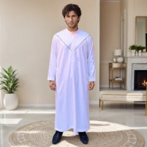 White Thobe with Dark Contrast V Trim