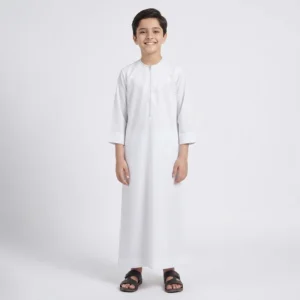 Omani Style Kids Classic White Zipper Jubbah For Boys CA Kids Classic White Thobe